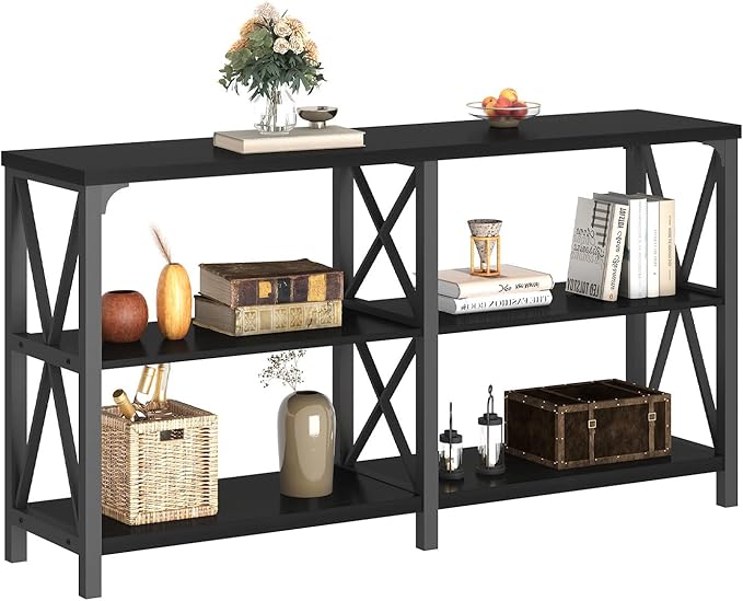 LVB Black Console Table, Modern Entryway Table with 3 Tier Storage Shelves, Industrial Sofa Table Behind Couch for Living Room, Farmhouse Wood Metal Entry Table for Hallway Foyer, Black Oak, 55 Inch