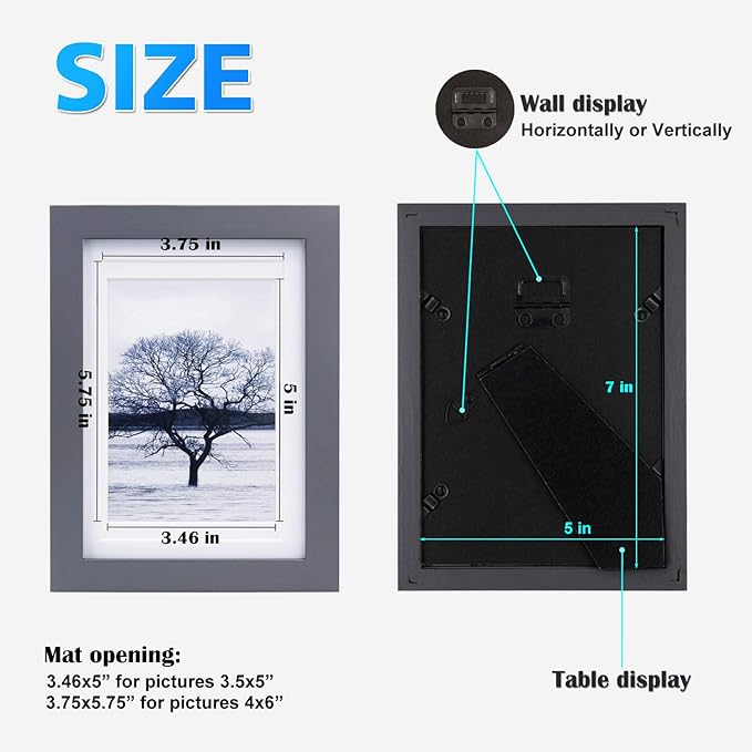 Egofine 5x7 Picture Frame Made of Solid Wood, Display Pictures 3.5x5/4x6 with Mat or 5x7 Without Mat Covered by Plexiglass for Table Top Display and Wall Mounting Photo Frame, Dark Gray
