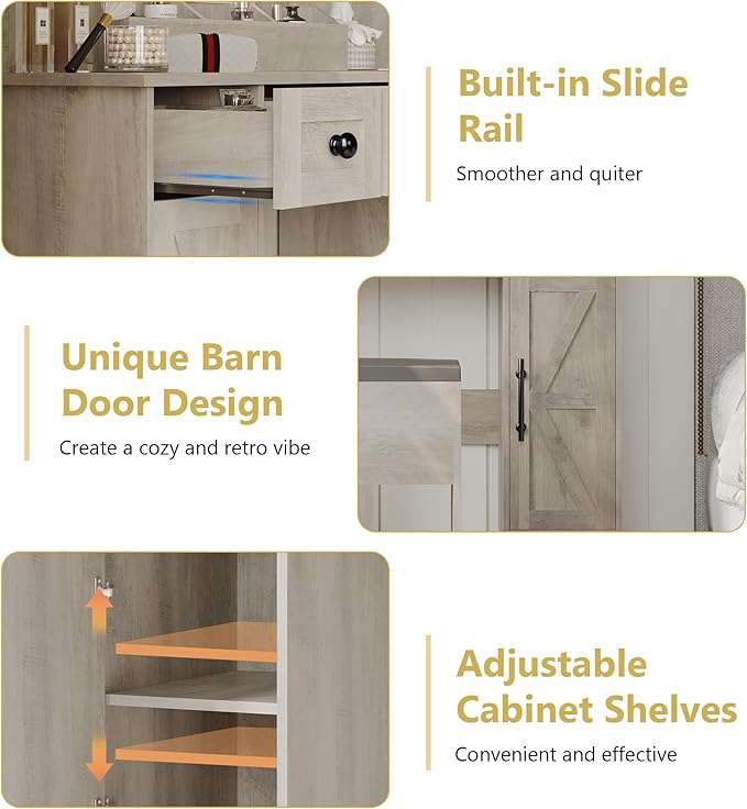 Vanity Makeup Desk with Mirror and Lights, Farmhouse Vanity Table Set with Storage Drawers, Charging Station & Chair, 43" Large Rustic Dressing Table, 3 Lighting Modes for Women Girls Bedroom, Grey