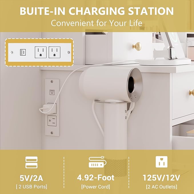 Makeup Vanity Desk with Mirror & LED Lights, Storage Drawers, Charging Station, Cabinets & Stool, Large Dressing Table with RGB Ambient Lighting for Bedroom & Vanity Room