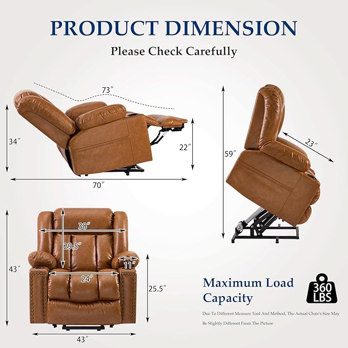 Large Power Lift Chair Recliner for Elderly with Heated and Massage, Overstuffed Adjustable Lift Chair, 3 Position, Breathable Leather, USB-A&USB-C, Cup Holder (Tall Man-7523, Caramel)