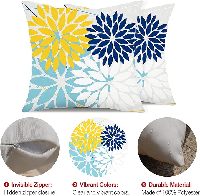 DFXSZ Outdoor Throw Pillow Covers 20x20 Inch Set of 2 Waterproof Spring Summer Geometric Elegant Yellow Blue Outdoor Pillow Covers for Patio Funiture Garden Couch 158W20