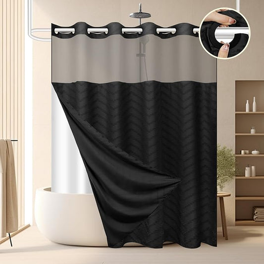 No Hook Shower Curtain and Snap in Liner Set Black Tufted Chevron Striped Cloth Waterproof Washable Fabric Boho Farmhouse Bath Curtain See Through Mesh Top Window for Bathroom Hotel 71" x 86"