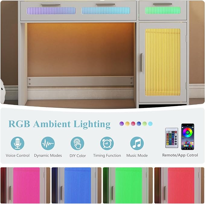 Hadulcet Vanity Desk with Mirror and Lights, Makeup Vanity with Power Outlet, LED Vanity with RGB Drawers and Cabinet, 10 Shelves & Acrylic Door Cabinet, 3 Lighting Modes Adjustable Brightness, White