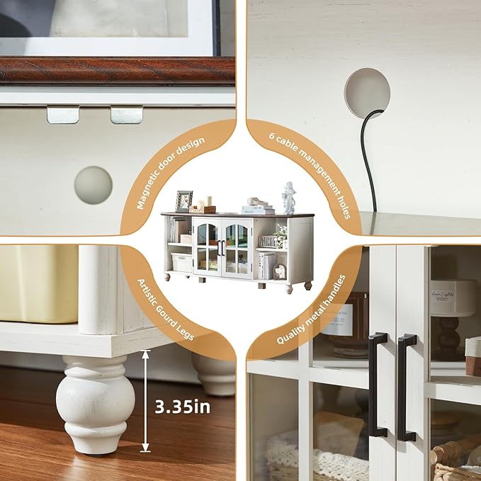 Farmhouse TV Stand for 60 Inch TV, Wood Entertainment Center with Glass Door Storage Cabinet & Adjustable Shelves,Television Stands for 65" TVS, TV Console Table for Living Room,Bedroom,White