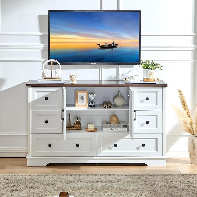 LIDYUK 6 Drawer White Dresser for Bedroom Farmhouse Dresser Chest of Drawers, 55" Wide Clothes Organizer with Storage Cabinet Wood Chest of Drawers for Bedroom, Living Room