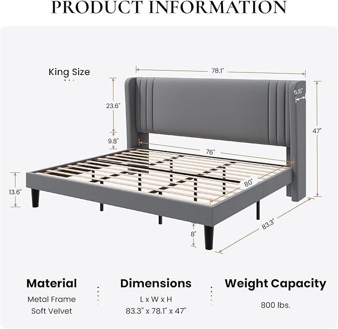 SHA CERLIN King Size Velvet Upholstered Platform Bed Frame with Vertical Channel Tufted Wingback Headboard, Wooden Slats Support, Easy Assembly, Under Bed Storage, No Box Spring Required, Grey