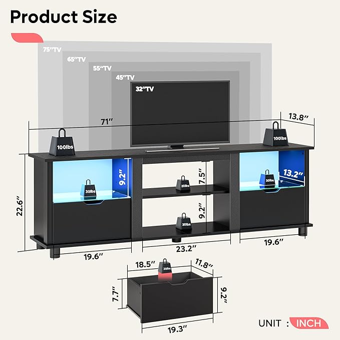 Bestier 70" Gaming Entertainment Center with Drawers, LED TV Stand for 75 Inch TV, TV Entertainment Stand for Living Room with Storage and Glass Shelves (Black 3D Carbon Fiber)