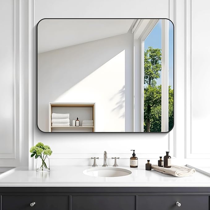 KOCUUY 30x36 Inch Rectangle Bathroom Mirror with Black Metal Frame,Modern Design of Wall Mounted Upgraded Shatterproof Glass, Rounded Corners for Bedroom, Living Room, Entryway