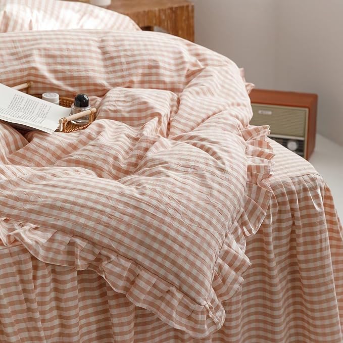 mixinni Vintage Pink Gingham Ruffle Comforter Set 3-Piece Washed Cotton Twin XL Size Grid Bedding Set with Geometric Checkered Pattern, Farmhouse Chic Soft Fluffy Comforter for All-Season