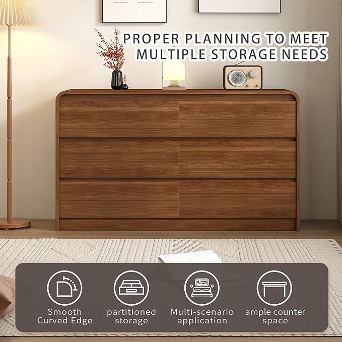 Modern 6 Drawer Dresser, 55-Inch Wood Chest of Drawers, Curved Anti-Collision Design, Mid-Century Storage Cabinet, Pre-Embedded Slots, Natural Texture, for Bedroom, TV Stand (W-55IN)
