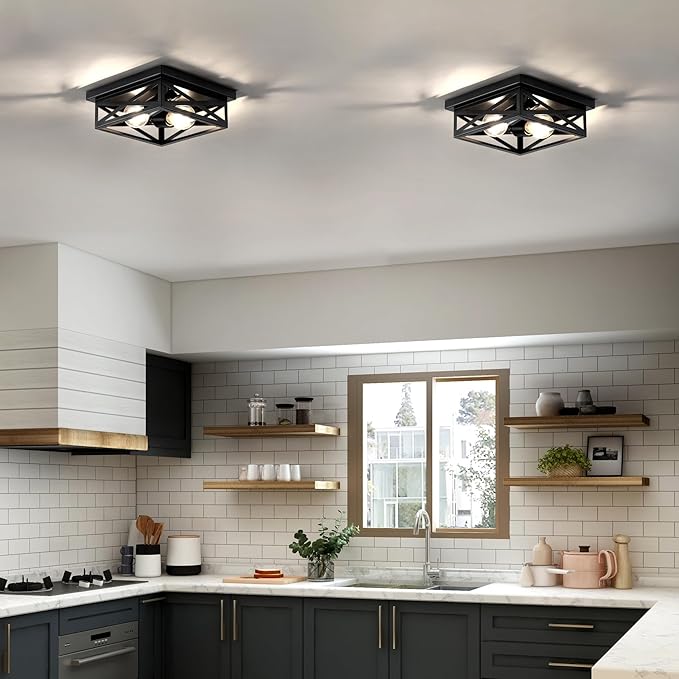 2Pack Vintage Farmhouse Flush Mount Ceiling Light Fixtures, 2-Light Hallway Kitchen Ceiling Light, Industrial Farmhouse Light Fixtures Ceiling Mount for Bedroom