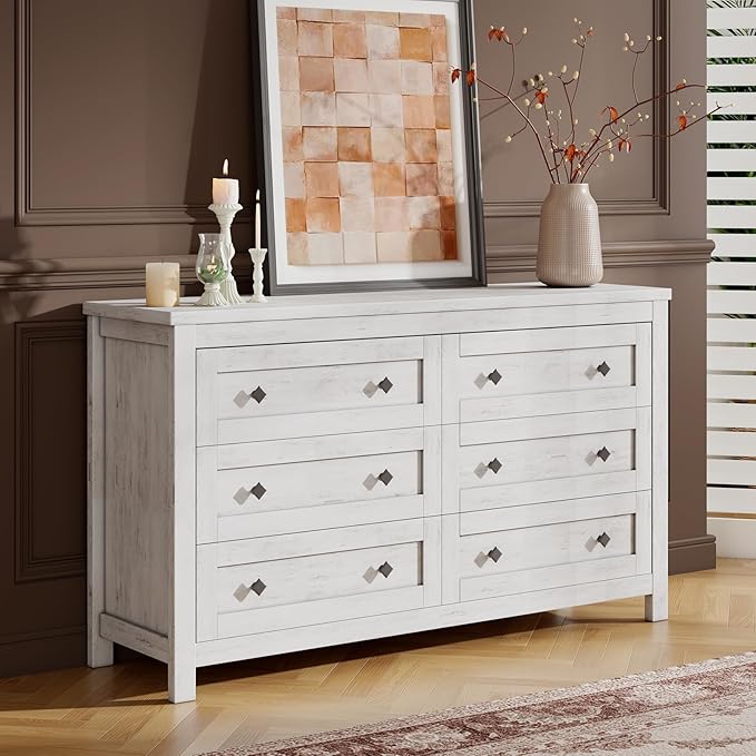 Farmhouse 6 Drawer Dresser, Wood Rustic Chest of Drawers for Bedroom, Closet Storage Dressers Organizer, 6 Drawers Chest for Living Room, Hallway, Rustic White