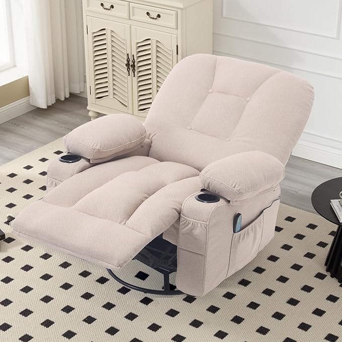 Massage Recliner Chairs for Adults, Rocker Recliners with Massage and Heat, Fabric Overstuffed Swivel Glider with Cup Holder Side Pocket, Manual Rocking Sofa Chair for Living Room, Beige