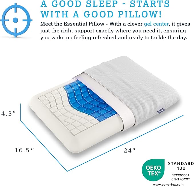 Technogel Medium Sized Essential Gel Pillow - Cooling Memory Foam, Orthopedic Support for Neck & Shoulder Pain Relief, Washable Cover