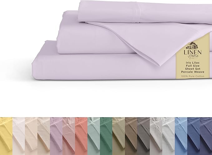 Linen Home 100% Cotton Percale Sheets Full Size, Iris Lilac, Deep Pocket, 4 Pieces Set - 1 Flat, 1 Deep Pocket Fitted Sheet and 2 Pillowcases, Crisp Cool and Strong Bed Linen