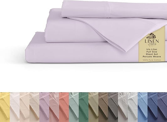 Linen Home 100% Cotton Percale Sheets Full Size, Iris Lilac, Deep Pocket, 4 Pieces Set - 1 Flat, 1 Deep Pocket Fitted Sheet and 2 Pillowcases, Crisp Cool and Strong Bed Linen