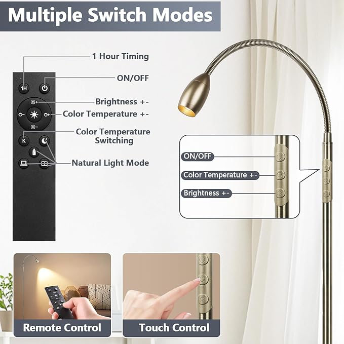 Reading Floor Lamp, 72" Tall LED Lamp with Flexible Gooseneck, Dimmable Zoomable Spotlight, Adjustable Color Beam Standing Lamp, Touch & Remote Control, Task Craft Bedroom Living Room (Bronze)