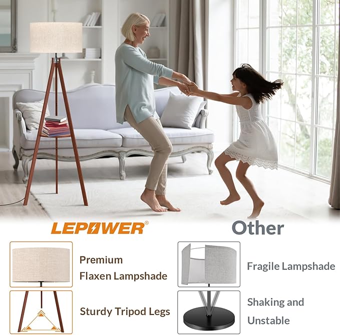 LEPOWER Tripod Floor Lamp, Mid Century Wood Standing Lamp, Modern Design Shelf Floor Lamp for Living Room, Bedroom, Office, Flaxen Linen Shade with E26 Base Brown