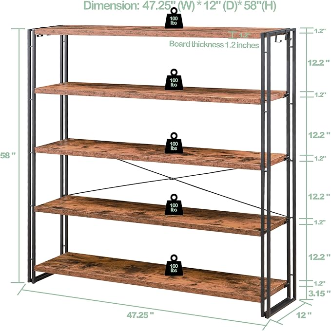 HCHQHS Bookshelf, 5-Tier Industrial Bookcase, Rustic Open Book Shelf, Freestanding Tall Bookshelves with Metal Frame