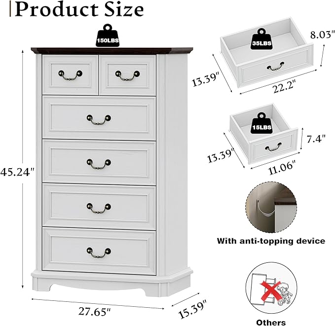 Farmhouse 6 Drawer Dresser for Bedroom, Tall Rustic Chest of Drawers with Metal Handle, Wood Vintage Storage Tower Cabinet, Wooden Closet Storage Dressers Organizer for Living Room, Hallway, White