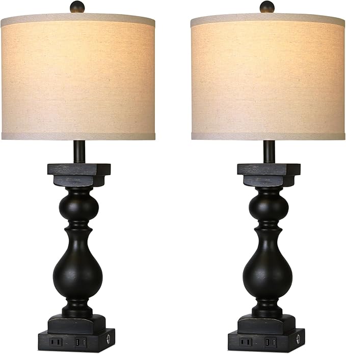 28" Tall Farmhouse Table Lamps Set of 2 with USB C+A Ports and AC Outlet, 3 Way Touch Tall Rustic Bedside Lamps for Living Room, Black Vintage Lamps for Bedroom Nightstand