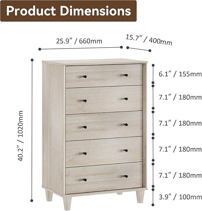 5 Drawer Dresser for Bedroom, Tall Modern Chest of Drawers, Beveled Profile Design, Wood Drawer Organizer for Bedroom, Living Room, Hallway and Entryway,Light Oak