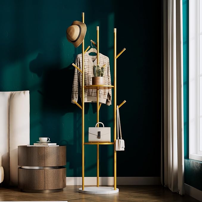 Gold Coat Rack Stand,Freestanding Coat Racks whit Marble base,heavy duty coat hanger Stand,metal Coat Rack with 3 Shelves and 9 Hooks,Coat Tree for Entryway, Bedroom, Coats, Bags,