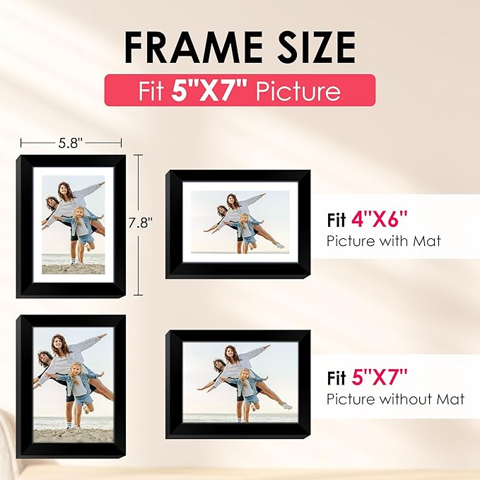 FIXSMITH 5x7 Picture Frame, Black Photo Frame with HD Plexiglass, Display Pictures 4x6 with Mat or 5x7 Without Mat Multi Picture Frames Collage for Tabletop or Wall Display, 2 Pack