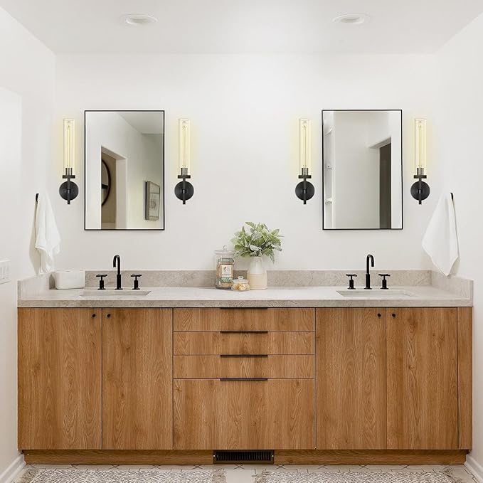 Modern Black Wall Sconces Bathroom Vanity Light Fixtures, Glass Tube Wall Sconces Set of Two, sconces wall lighting indoors, Wall Lights for Mirror, Living Room, Bedroom, Hallway (including bulb)