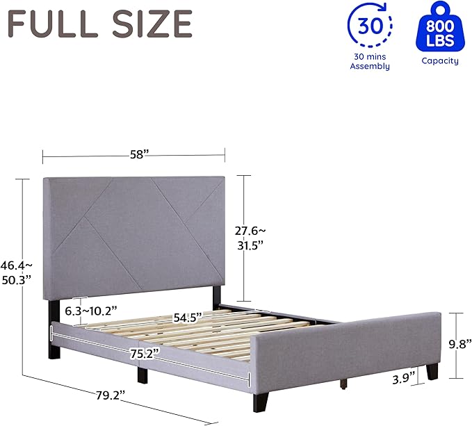 Livinia Stella Full Size Platform Bed, Fabric Upholstered Full Bed Frame with Height Adjustable Headboard Footboard, Strong Wood Slats, No Box Spring Needed, Gray