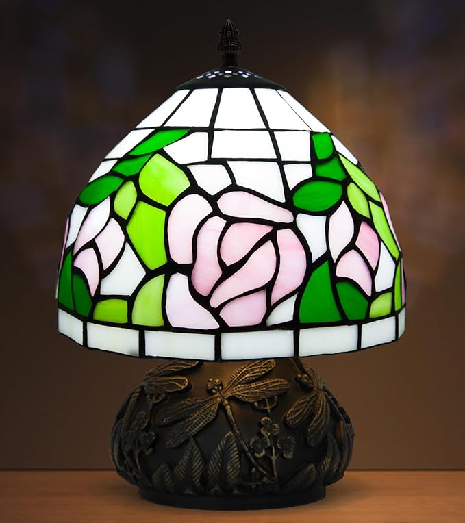 Small Tiffany Stained Glass Lamp, 3 Color Temperatures Bedside Lamp, 8 Inch Mushroom Desk Light for Bedroom Living Room Office Home Decor (Pink Rose)