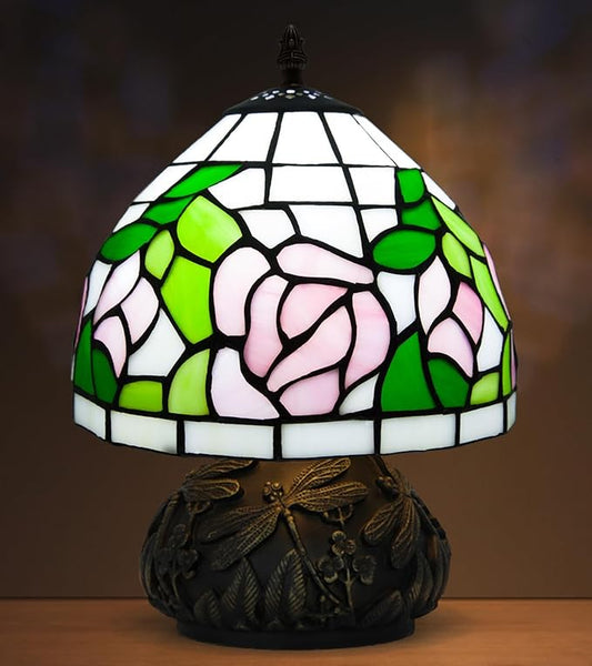 Small Tiffany Stained Glass Lamp, 3 Color Temperatures Bedside Lamp, 8 Inch Mushroom Desk Light for Bedroom Living Room Office Home Decor (Pink Rose)