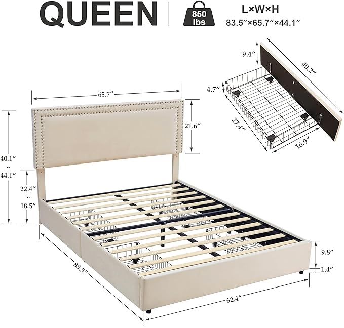 VECELO Queen Size Upholstered Platform Bed Frame with 4 Storage Drawers, Adjustable Velvet Rivet Decor Headboard, Wooden Slats Support, No Box Spring Needed, Easy Assembly