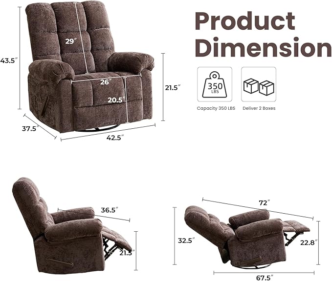 Oversized Swivel Rocker Recliner with Massage and Heat, 26" Extra Wide Manual Recliner for Adults & Big Man, Overstuffed Rocking Chair with High Back for Living Room, Coffee Chenille