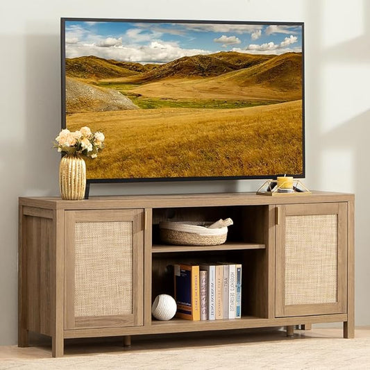 SICOTAS TV Stand for Living Room : Rattan TV Console Cabinet with Storage and Shelf, Boho Entertainment Center, 59" Media Console for 55, 65 Inch TV, 26" Tall Television Stands, Oak