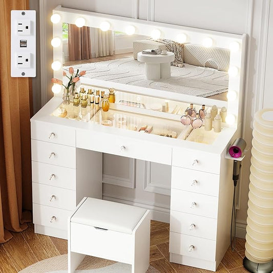 VOWNER Vanity with Lighted Mirror - Makeup Vanity Desk with Glass Top and 11 Drawers, 3 Color Lighting Modes Adjustable Brightness, 46" Vanity Table with Soft Cushioned Stool for Bedroom, White