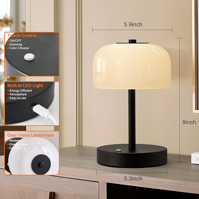 PORTRES RGB Cordless Touch Table Lamp with 3 Color Temperatures 7 RGB Colors Rechargeable Battery lamp with Pickup Rhythm Light Glass Lamp Shade for Bedroom Outdoor Patio Restaurant Camping Black