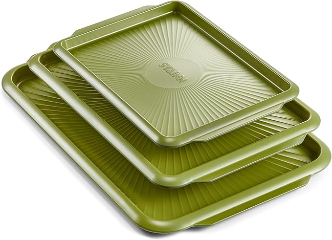 SYAINN Non-stick Ceramic Baking Sheet Set, 3 Pieces- Aluminum Steel Cookie Sheets for Baking-Includes Half/Quarter/Jelly Roll Pans-Warp Resistant, Toxic, PTFE & PFOA Free-Grenoble Green