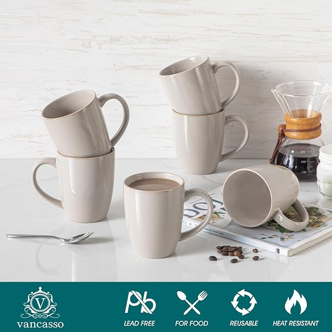 vancasso PLAYA Ceramic Coffee Mug Set of 6, 16 Oz Tea Cups with Handle for Latte, Tea, Cappuccino, Milk, Cocoa, Microwave&Dishwasher Safe, White