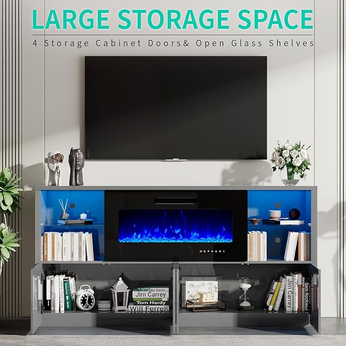 68" Modern Fireplace TV Stand for TVs up to 75", High Gloss Entertainment Center with 40" Fireplace, 4 Shelves & Storage Cabinets, Media Console Table,Grey