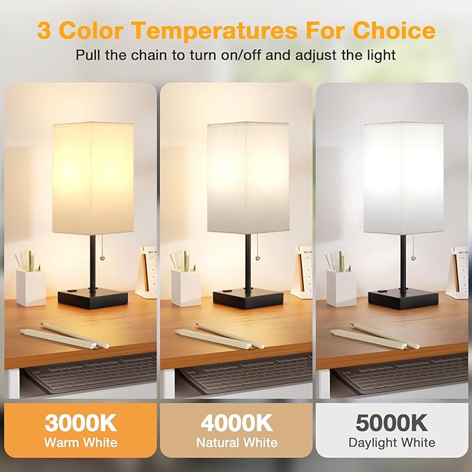 aooshine White Table Lamp for Bedside - 3 Color Temperature 3000K 5000K 4000K Bedroom Lamp, Pull Chain Control, USB A and C Ports, AC Outlets, Bulb Included, Medium