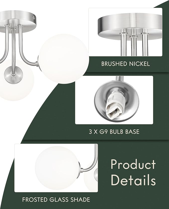 3-Globe Brushed Nickel Semi Flush Mount Ceiling Light in a Modern Farmhouse Design is Ideal for Living Rooms, Bedrooms, or Dining Rooms. Model:CKCL4845-3W-BN