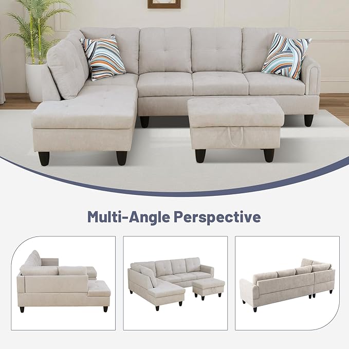 L-Shape 3-Piece Cloud Sofa, Couch for Living Room, Light-Grey Fluffy Fabric L-Shape with Reversible Chaise & Storage Ottoman, Ergonomic 110–115° Recline, Solid-Wood Frame