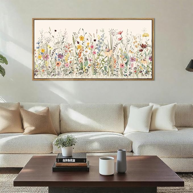 Large Floral Wall Art Decor Framed Colorful Wildflower Painting Pictures for Living Room Bedroom 40x20 Inches