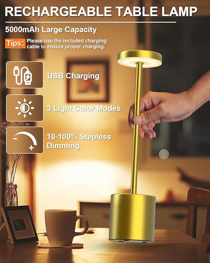 Cordless Table Lamps Rechargeable, Portable LED Desk Lamp, 5000mAh Battery Powered Wireless Table Light - 3 Color Dimmable Lighting for Restaurant Dining Patio Outdoor Bedroom(Gold)
