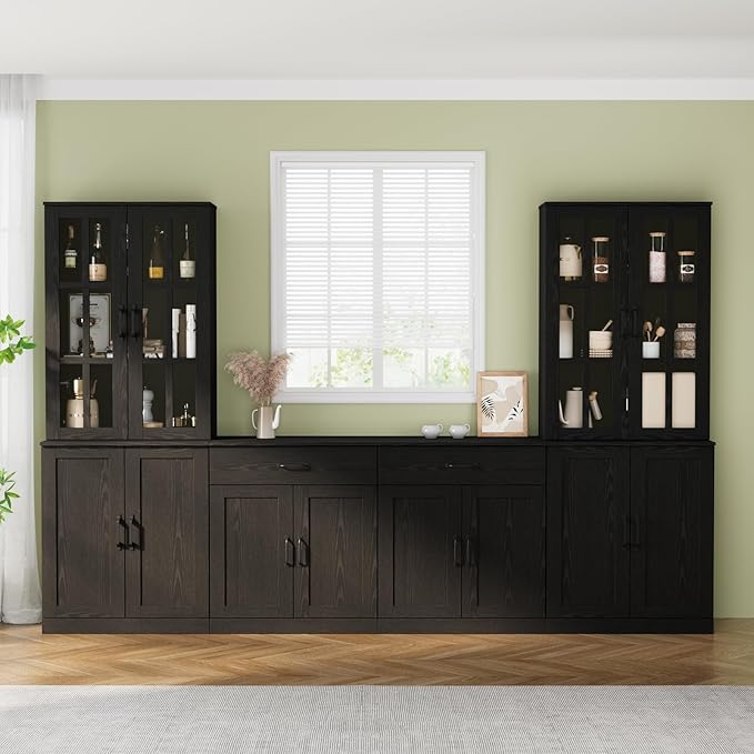 VOWNER 95" TV Stand for TVs up to 75", 4-Piece TV Hutch with Cabinets, Entertainment Center with Bookshelves, Modular TV Console for Living Room (2D+2F 黑)