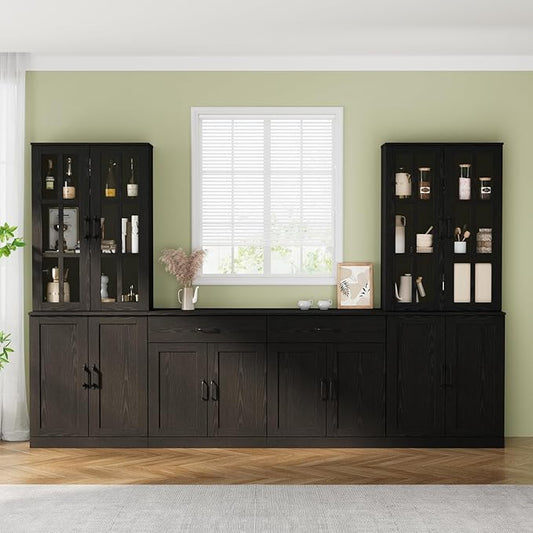 VOWNER 95" TV Stand for TVs up to 75", 4-Piece TV Hutch with Cabinets, Entertainment Center with Bookshelves, Modular TV Console for Living Room (2D+2F 黑)