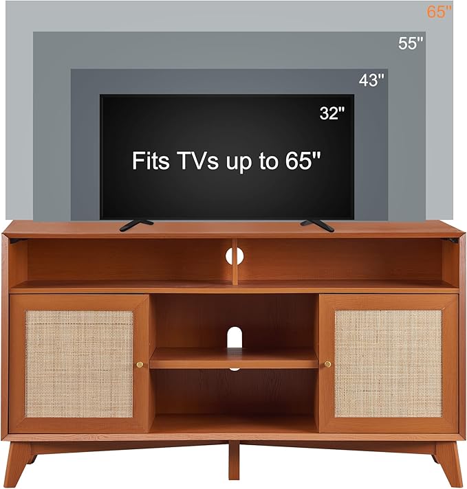 OKD TV Stand for 65+ Inch TV, 32'' Tall Highboy Entertainment Center, Mid Century Modern Media TV Console with Natural Rattan Door, Adjustable Shelves, Boho Television Stand, Cherry