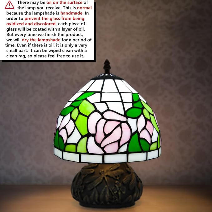 Small Tiffany Stained Glass Lamp, 3 Color Temperatures Bedside Lamp, 8 Inch Mushroom Desk Light for Bedroom Living Room Office Home Decor (Pink Rose)